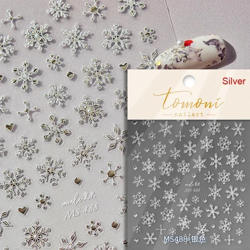 Winter Christmas Crystal Delicate Hexagon Romantic Laser Silver Chic Snowflakes Self Adhesive Nail Art Sticker 5D Manicure Decal (ONLINE ORDER ONLY)