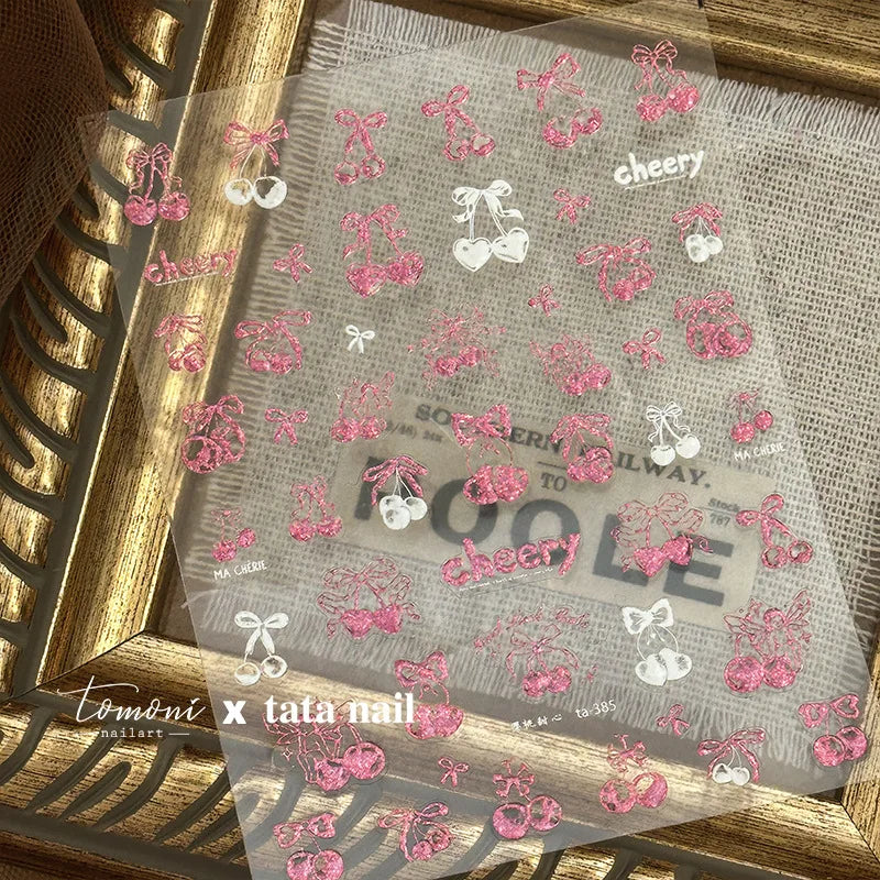 Colourful Cherry Abundant Fruits Bowknot Shiny White Line Outline Self Adhesive Nail Art Stickers Chic Rhinestone Manicure Decal (ONLINE ORDER ONLY)
