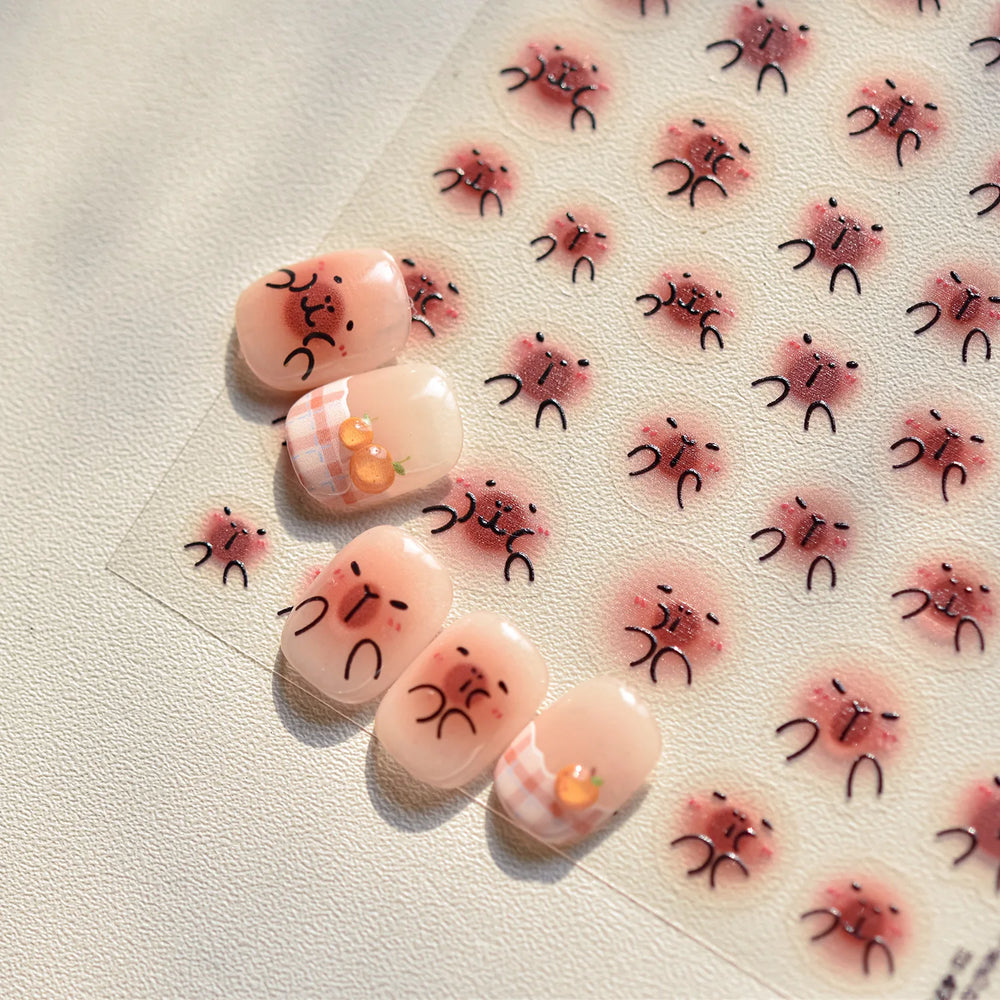 Cute Kapibala Halo Dyeing Kabibara Giant Rat Guinea Pig Cavy Lovely Expression Orange Adhesive Nail Art Stickers Manicure Decals (ONLINE ORDER ONLY)