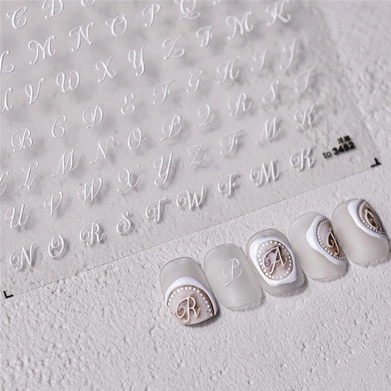 Romantic White Black Capital English Letters Chic Gold Punk Colorful Stamp Word 3D Self Adhesive Nail Art Sticker Manicure Decal (ONLINE ORDER ONLY)