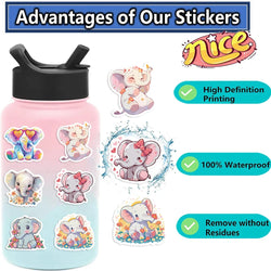 50pcs Elephant Stickers Pack Cute Animal Stickers Kawaii Stickers for Water Bottles Laptop Luggage Cartoon Waterproof Sticker (Online Order Only)