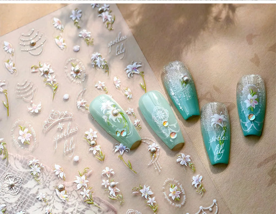 Spotless Lily Lilium Flowers Moon Pearl Crown Lily-white Pearl Necklace Pendant Self Adhesive Nail Art Stickers Manicure Decals (Online Order Only)
