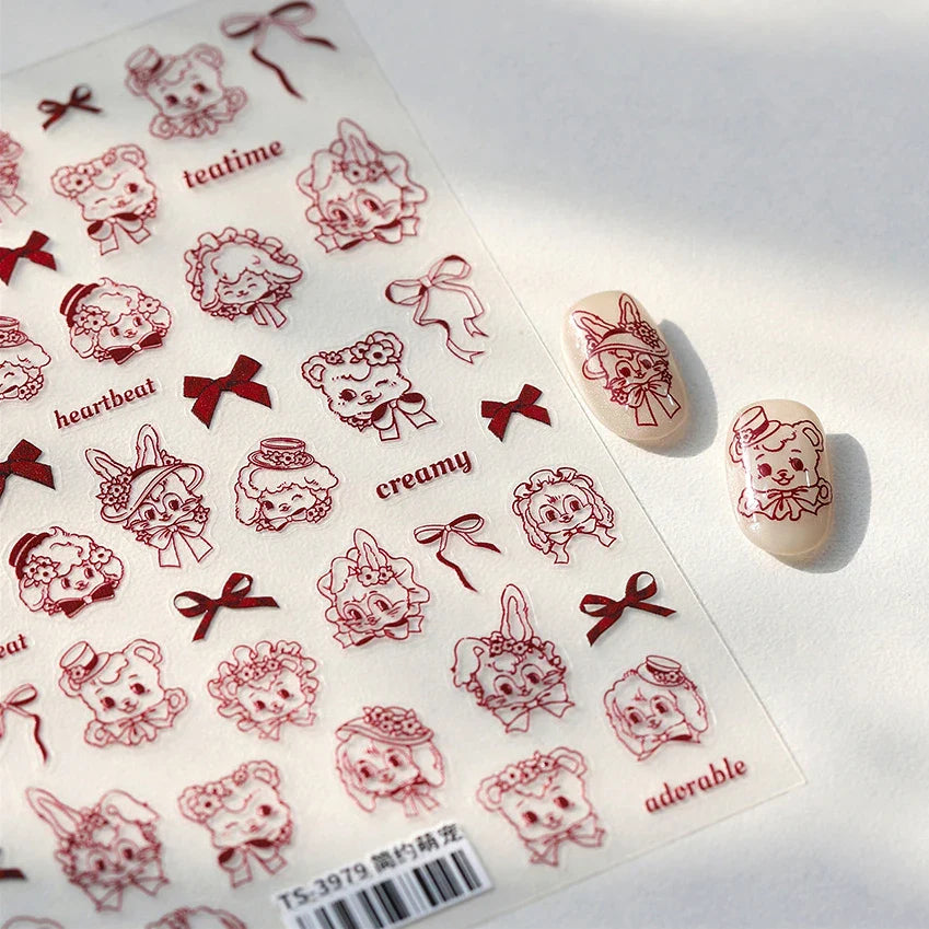 Cute Pet Creamy Rabbit Bear Dog Ribbon Bowknot Lamb Red Painted Heartbeat Flowers Adhesive Nail Art Stickers 3D Manicure Decals (Online Order Only)