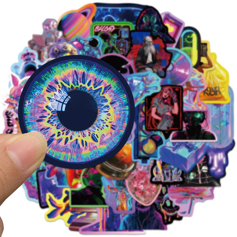 50pcs Cool 3D Cyberpunk Holographic Harajuku Vinyl Graffiti Stickers Aesthetic Car Fridge Laptop Phone Motorcycle Decal Sticker (ONLINE ORDER ONLY)