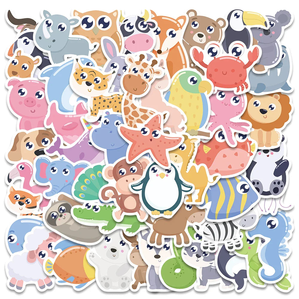 52pcs Cute Cartoon Animals Stickers For Laptop Guitar Luggage Skateboard DIY Waterproof Graffiti Bicycle Car Decals Kids Toy (ONLINE ORDER ONLY)