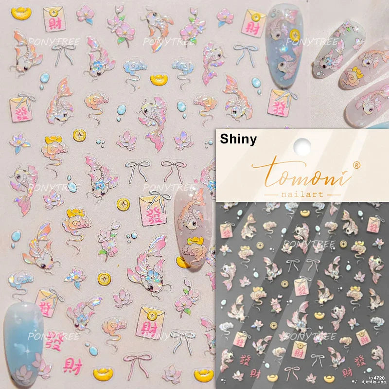 2025 God of Wealth Goldfish Koi Fish Lucky Cat Yuanbao Red Element Adhesive Nail Art Stickers Festival Atmosphere Manicure Decal (Online Order Only)