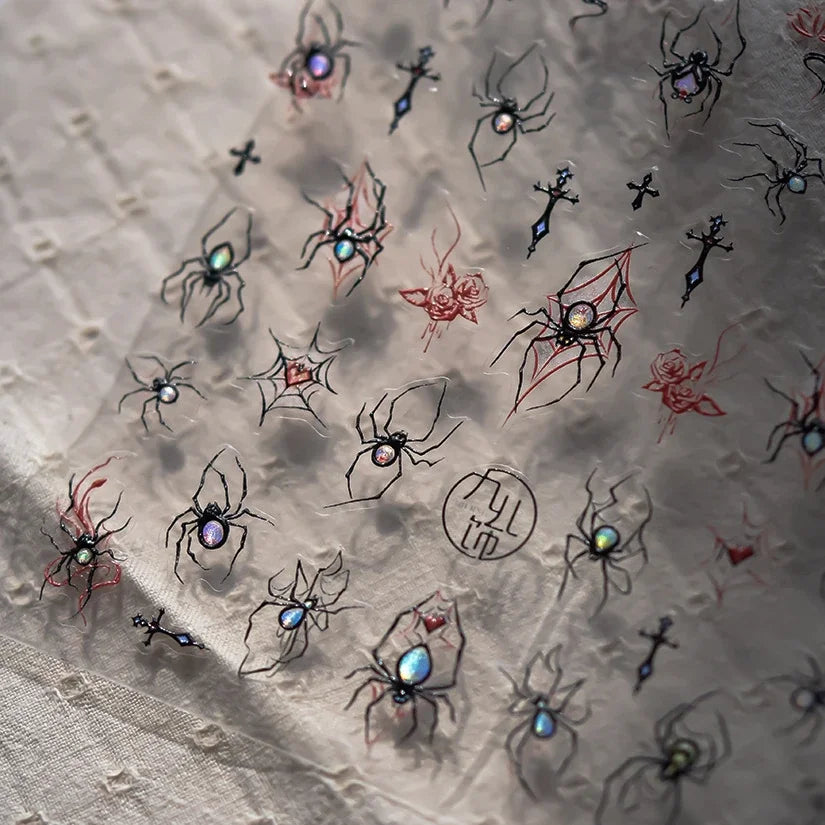 Cat Eye Halloween Terror Spider Cross Rose Love Heart Flower Snake Web Candy Bunny Thrilling Nail Art Stickers Manicure Decals (Online Order Only)