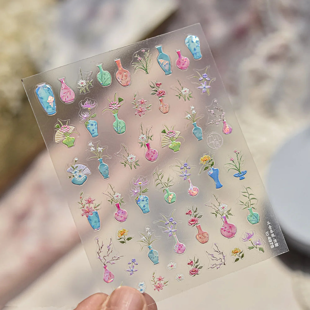Orchid Daisy Chrysanthemum Peach Blossom Lotus Flower Vase Floral Art Fan Wintersweet Adhesive Nail Art Stickers Manicure Decals (Online Order Only)