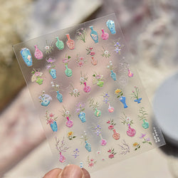 Orchid Daisy Chrysanthemum Peach Blossom Lotus Flower Vase Floral Art Fan Wintersweet Adhesive Nail Art Stickers Manicure Decals (Online Order Only)