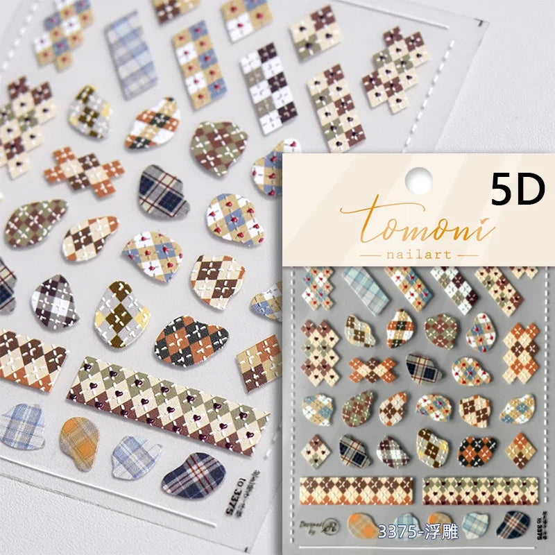 French Style Geometric Black White Square Grid Rhombus Stripe 3D Self Adhesive Nail Art Stickers Shiny Rhinestone Manicure Decal (ONLINE ORDER ONLY)
