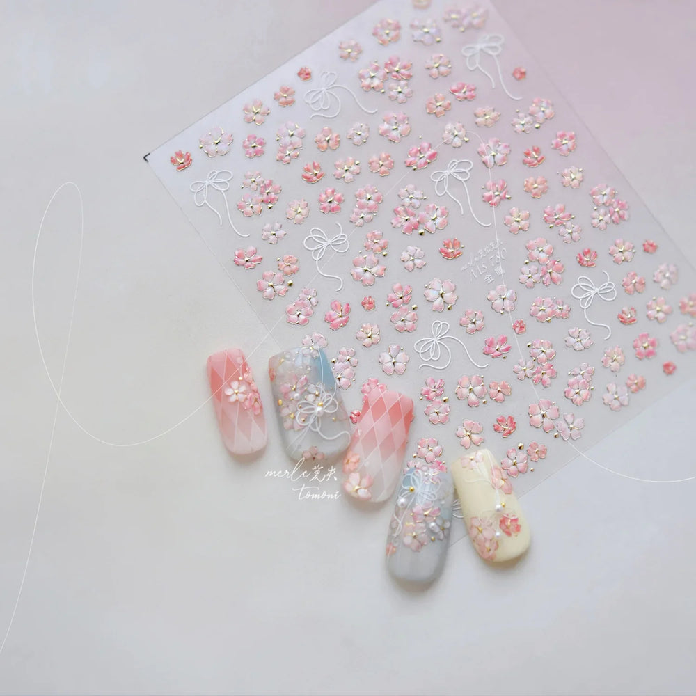 Peach Blossom Gradual Pink Petal Flower Line Bowknot Hot Stamping Halo Dyeing Delicate Adhesive Nail Art Sticker Manicure Decals (ONLINE ORDER ONLY)