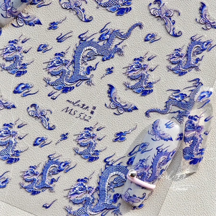 Retro Embroidered Dragon Red Pink Blue White Porcelain Chinese 3D Embossed Relief Self Adhesive Nail Art Stickers Manicure Decal (ONLINE ORDER ONLY)