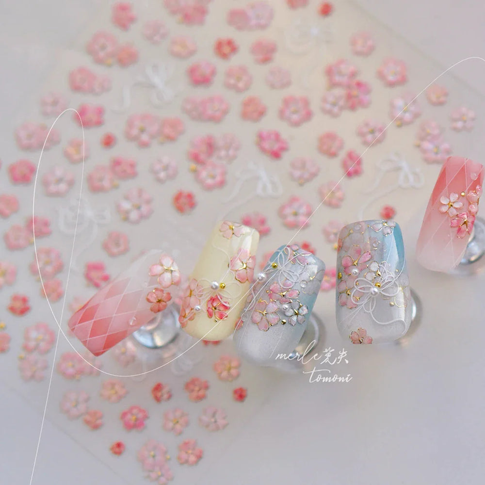 Peach Blossom Gradual Pink Petal Flower Line Bowknot Hot Stamping Halo Dyeing Delicate Adhesive Nail Art Sticker Manicure Decals (ONLINE ORDER ONLY)