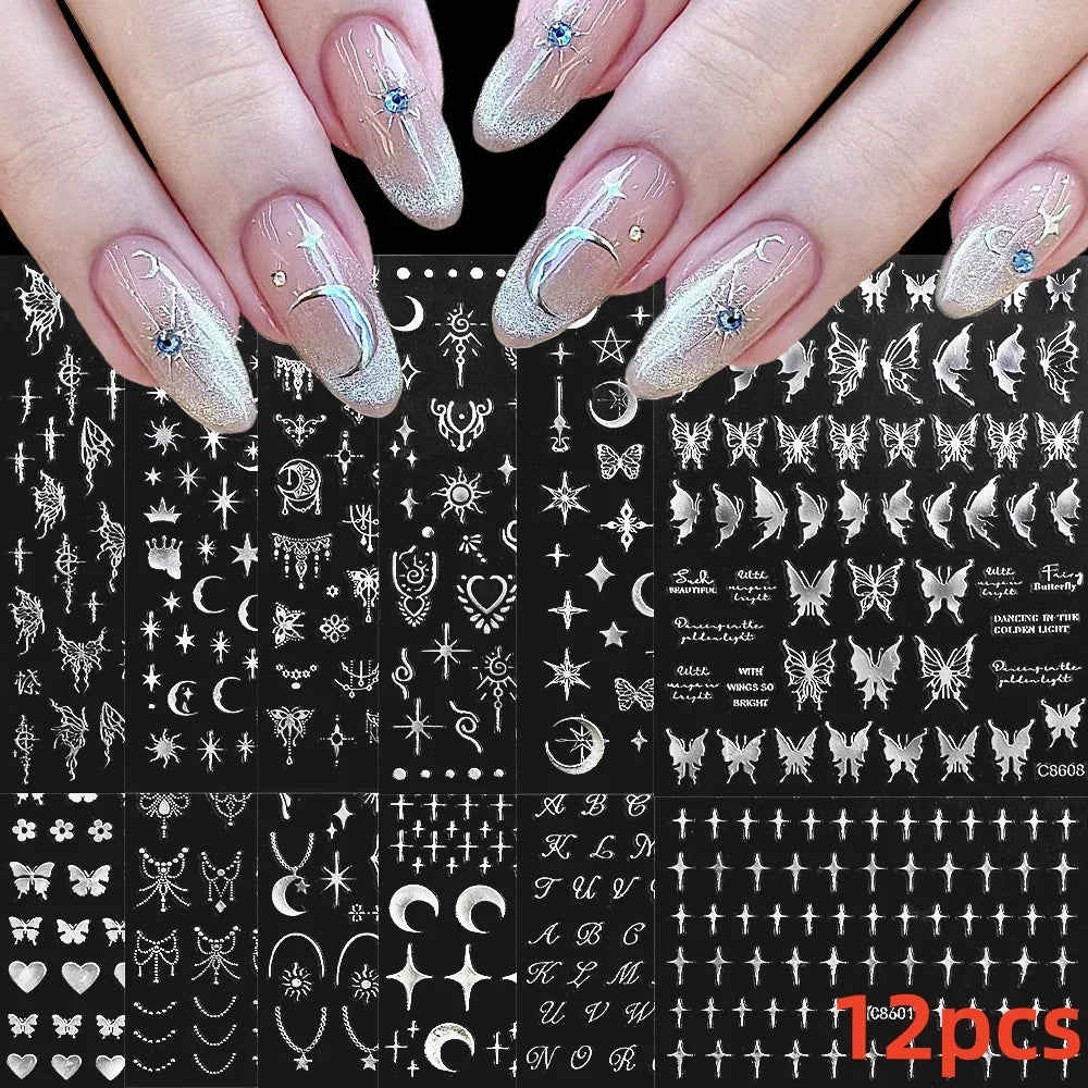 12pcs 3D Golden Glitter Heart Love Nail Stickers Valentine Self Adhesive Cute Cartoon Decal Geometry Slider Manicure Decoration* (ONLINE ORDER ONLY)