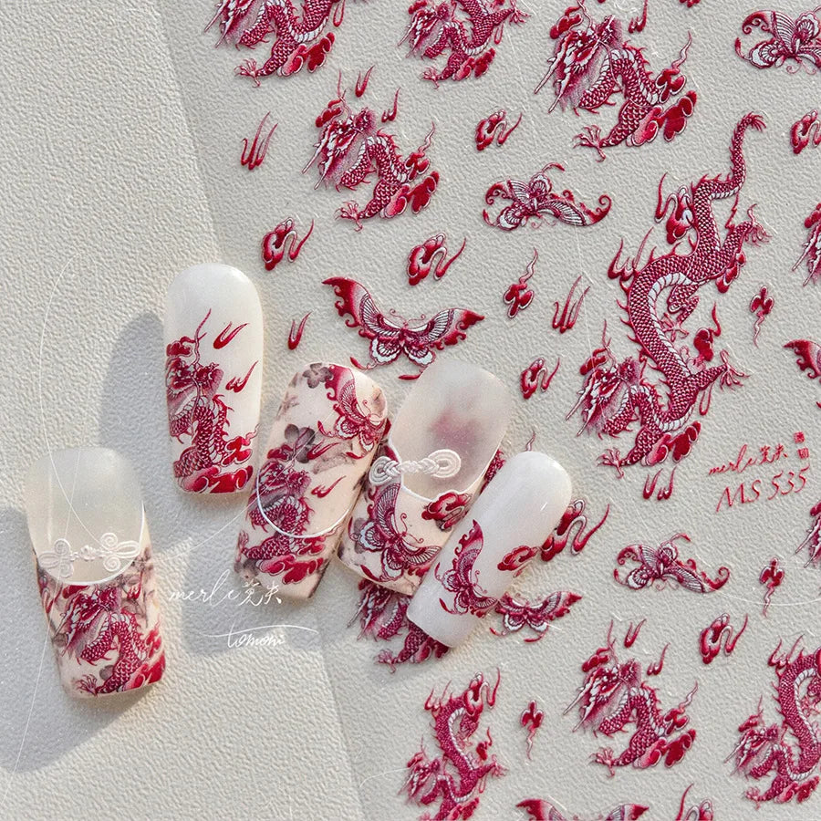 Retro Embroidered Dragon Red Pink Blue White Porcelain Chinese 3D Embossed Relief Self Adhesive Nail Art Stickers Manicure Decal (ONLINE ORDER ONLY)