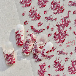 Retro Embroidered Dragon Red Pink Blue White Porcelain Chinese 3D Embossed Relief Self Adhesive Nail Art Stickers Manicure Decal (ONLINE ORDER ONLY)