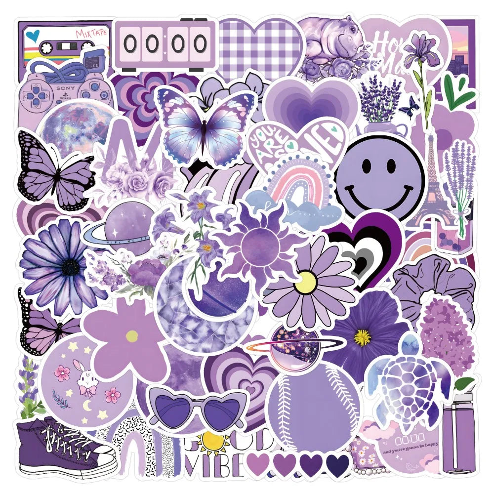 60pcs Purple Aesthetic Small Fresh Cartoon Graffiti Stickers DIY Laptops Water Bottles Phones Decorative Stickers Perfect Gifts (Online Order Only)