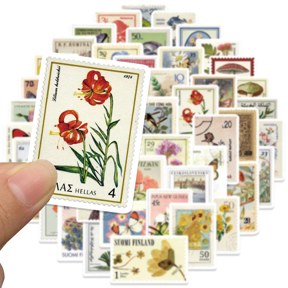 50pcs Vintage Aesthetic Stamp Style Plants Flowers Stickers For Luggage Laptop Guitar Stationery Waterproof Vinyl Decals (Online Order Only)