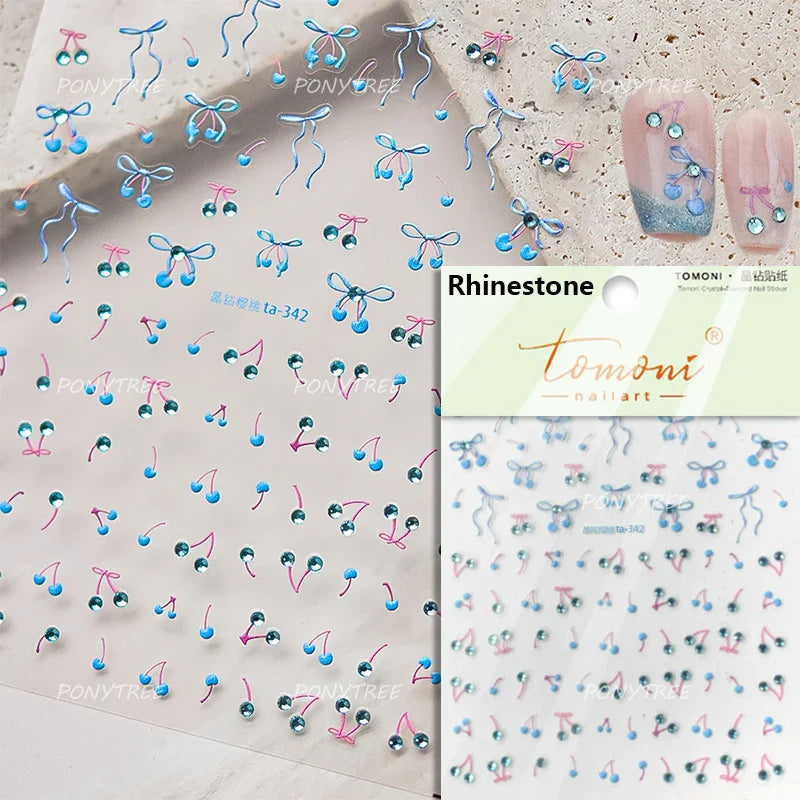Colourful Cherry Abundant Fruits Bowknot Shiny White Line Outline Self Adhesive Nail Art Stickers Chic Rhinestone Manicure Decal (ONLINE ORDER ONLY)