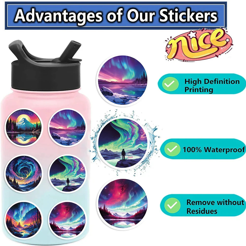 50Pcs Northern Lights Art Cartoon Stickers Mobile Phone Case Luggage Skateboard DIY Decorative Waterproof Stickers For Toy (ONLINE ORDER ONLY)