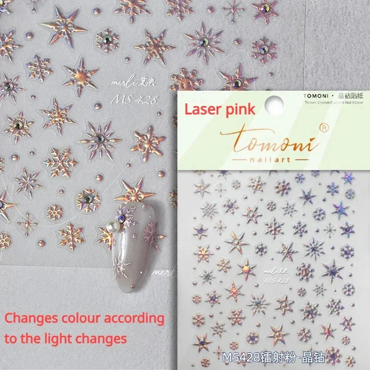 Shiny White Pink Blue Gold Snowflakes Hexagon Water Bubbles Winter 5D Self Adhesive Nail Art Stickers Rhinestone Manicure Decals (ONLINE ORDER ONLY)