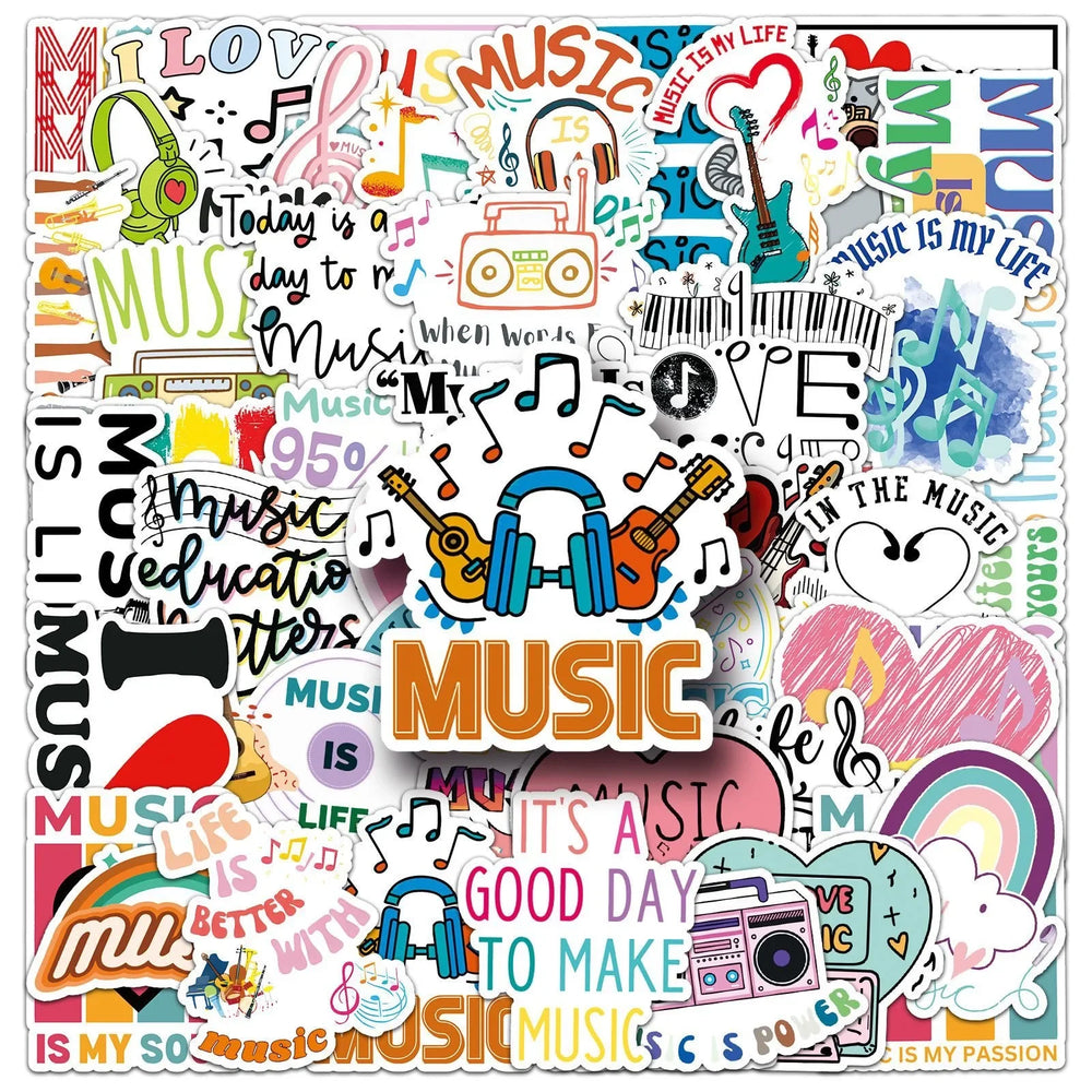 10/50pcs Funny Inspirational Musical Note Graffiti Stickers Aesthetic Decals DIY Scrapbooking Laptop Guitar Skateboard Sticker (Online Order Only)