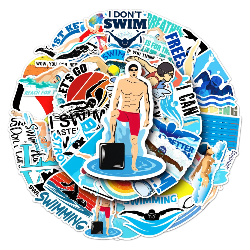 10/50pcs Outdoor Swimming Stickers Summer Seaside Surfing Waterproof Stickers DIY Skateboard Motorcycle Car Luggage Stickers (ONLINE ORDER ONLY)