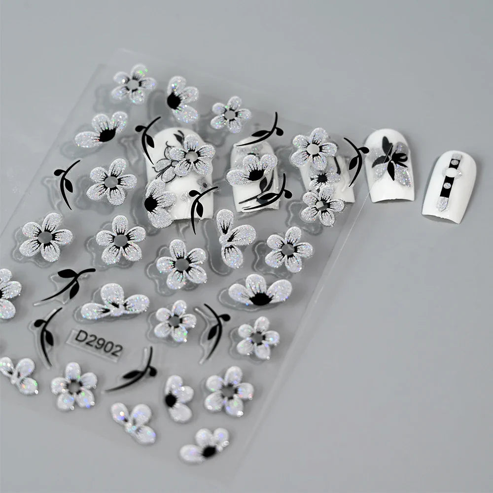 1pcs 5D Floral Nail Art Stickers Acrylic Flowers Decals with Glitter Self-Adhesive Elegant Silver Black Blossoms Theme Nail Art* (ONLINE ORDER ONLY)