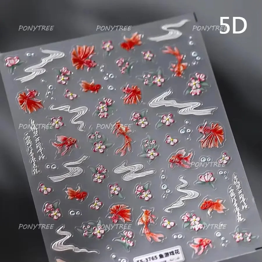 Lotus Flower Leaf Goldfish Ripple Wavelet Water Droplet Lotus Pond Brocaded Carp Self Adhesive Nail Art Stickers Manicure Decals (Online Order Only)