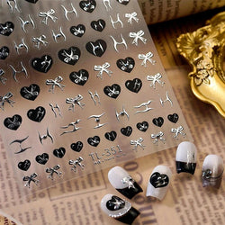 Black Silver Bowknot Love Heart Lace Irregular Line Lava Chic Self Adhesive Nail Art Stickers Embossed Reliefs Manicure Decals (Online Order Only)