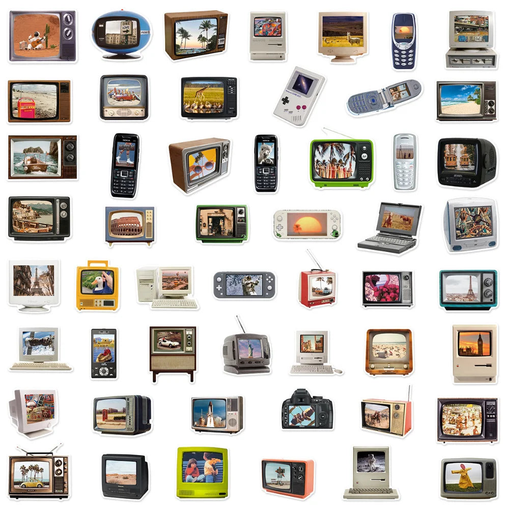 10/50Pcs Vintage TV and Computer Stickers Cartoon Graffiti Stickers Laptop Luggage Scrapbook Diary Phone Guitar Sticker Kid Toy (Online Order Only)
