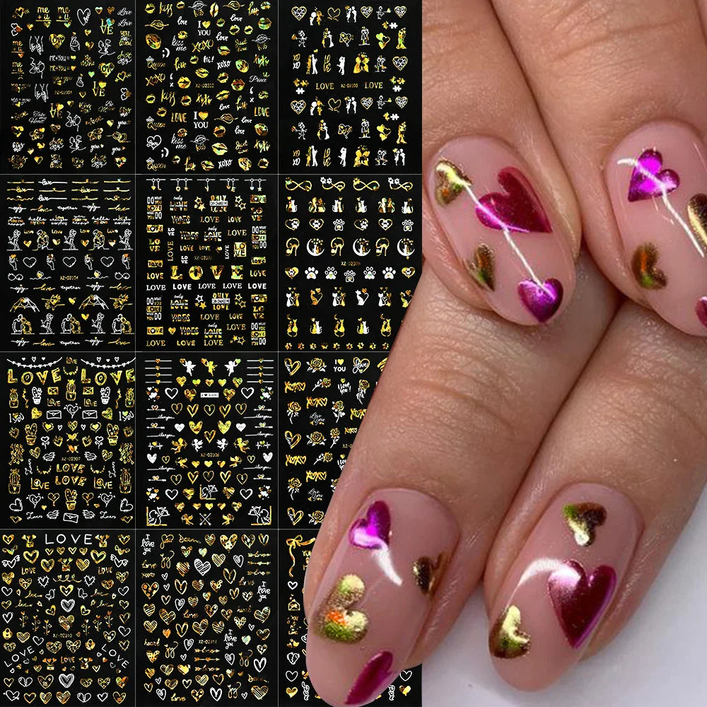 12pcs 3D Golden Glitter Heart Love Nail Stickers Valentine Self Adhesive Cute Cartoon Decal Geometry Slider Manicure Decoration* (ONLINE ORDER ONLY)