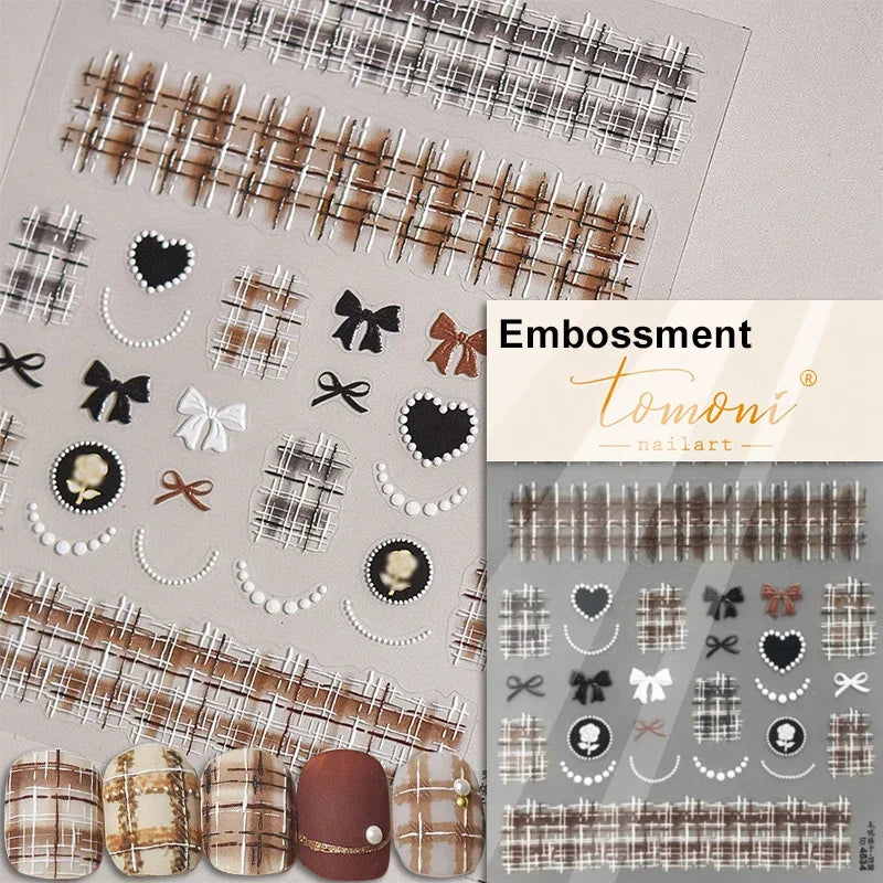 French Style Geometric Black White Square Grid Rhombus Stripe 3D Self Adhesive Nail Art Stickers Shiny Rhinestone Manicure Decal (ONLINE ORDER ONLY)