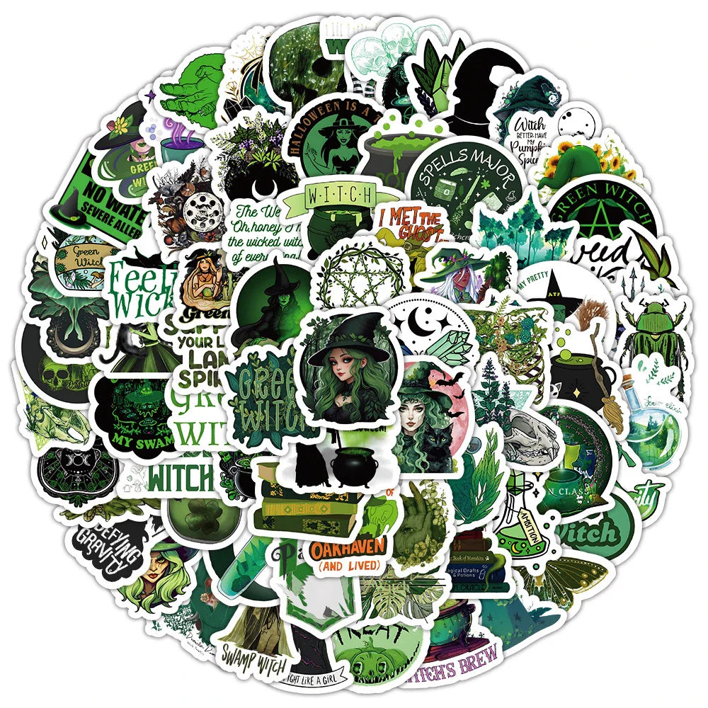 10/30/50/100pcs Cool Retro Green Magic Wizard Witch Stickers Laptop Phone Skateboard Fridge Car Gothic Retro Waterproof Sticker (ONLINE ORDER ONLY)
