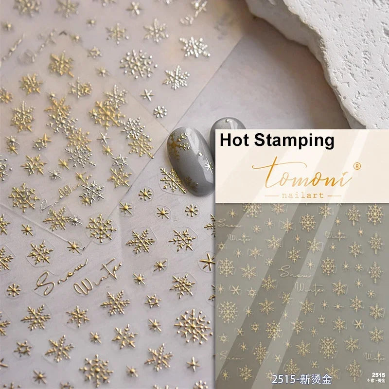 Shiny White Pink Blue Gold Snowflakes Hexagon Water Bubbles Winter 5D Self Adhesive Nail Art Stickers Rhinestone Manicure Decals (ONLINE ORDER ONLY)