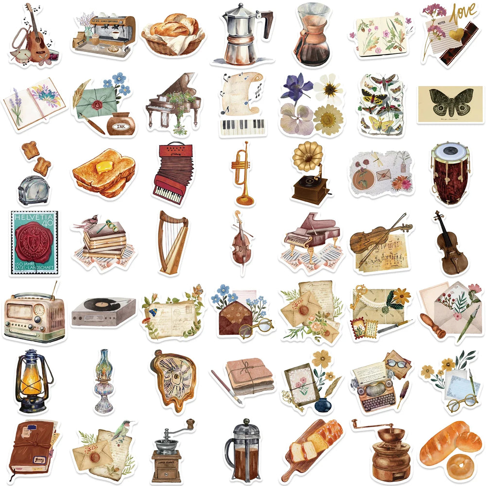 50pcs Time Secret Love Retro Notebook Sticker Aesthetics Cartoon Decals Waterproof Stickers Pack Party Decoration Gift Toys (ONLINE ORDER ONLY)