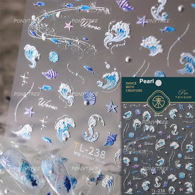 Marine Shell Starfish Ocean Elements Pearl Star Fishing Net Colourful Underwater Organisms 5D Nail Art Stickers Manicure Decals (Online Order Only)
