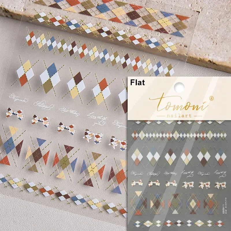 Geometric French Style Colorful Square Grid Rhombus Line Stripe Bowknot 3D Self Adhesive Nail Art Stickers Shiny Manicure Decals (ONLINE ORDER ONLY)