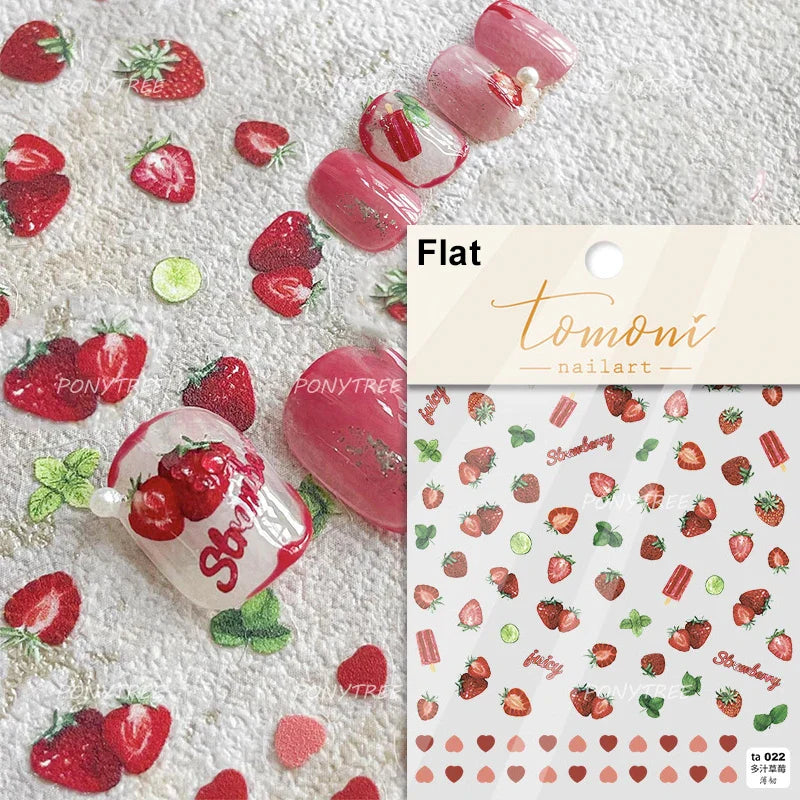 Pink Juicy Strawberry Fruit Cutting Line Ribbon Bowknot Star Happy Sweet Lovely Fruits Delicate Nail Art Stickers Manicure Decal (ONLINE ORDER ONLY)