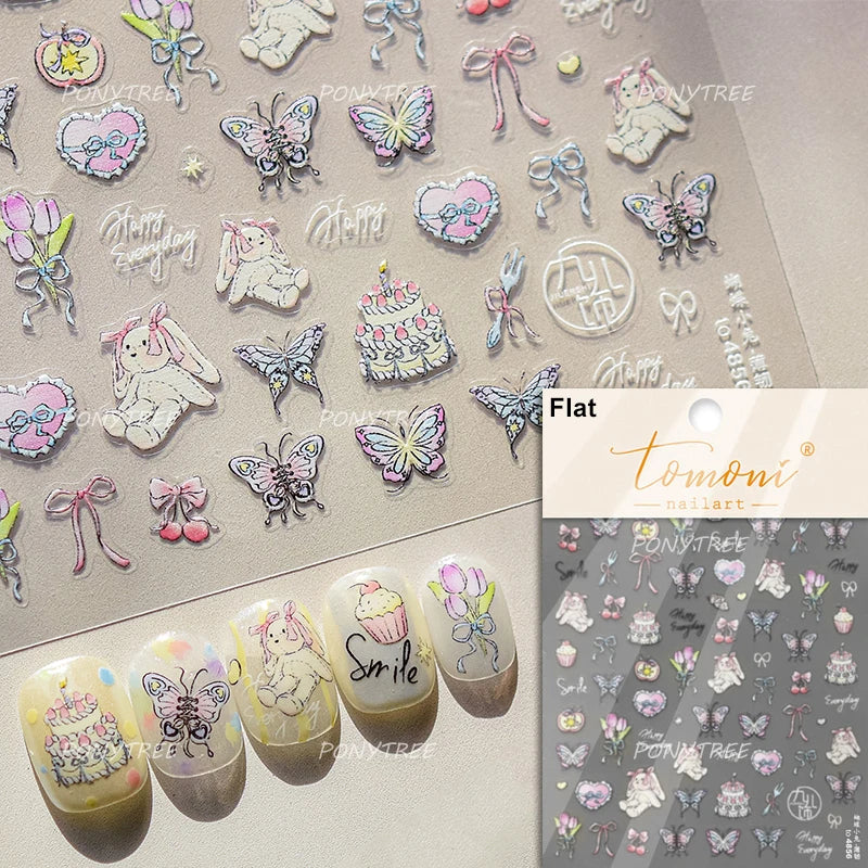 Blue Purple Tulip Flower Butterfly Garden Blossom Floral Charming Delicate 5D Relief Adhesive Nail Art Stickers Manicure Decals (ONLINE ORDER ONLY)