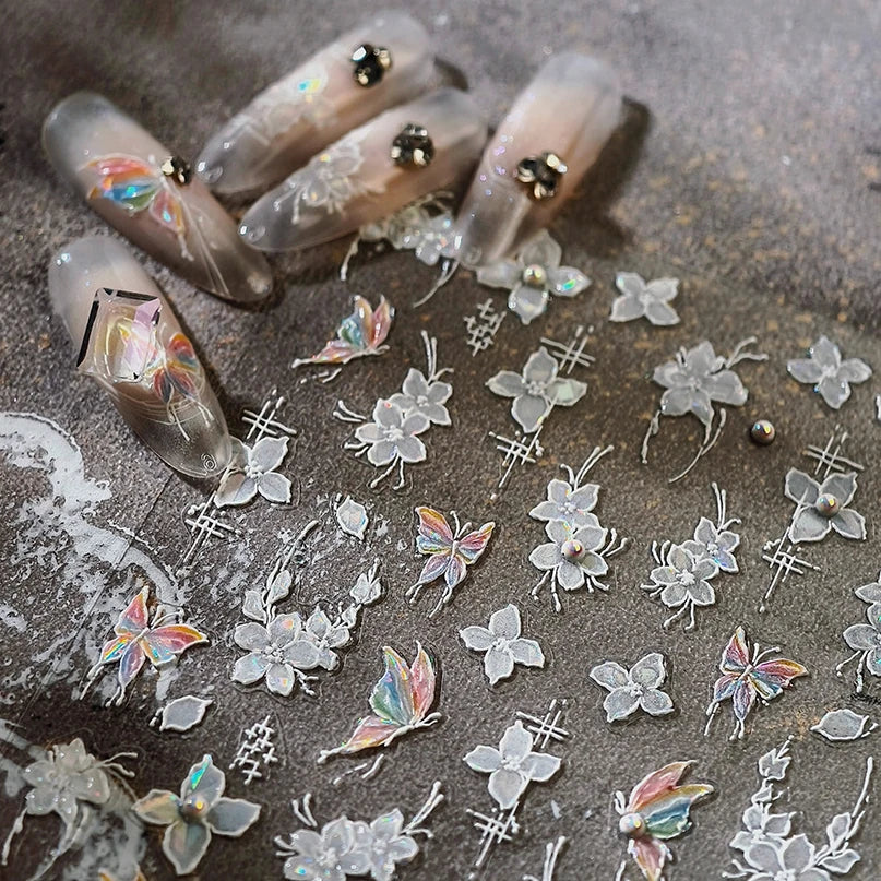 White Flower Colourful Butterfly Pearl Petal Beautiful Garden Charming Plant 5D Self Adhesive Nail Art Stickers Manicure Decals (ONLINE ORDER ONLY)