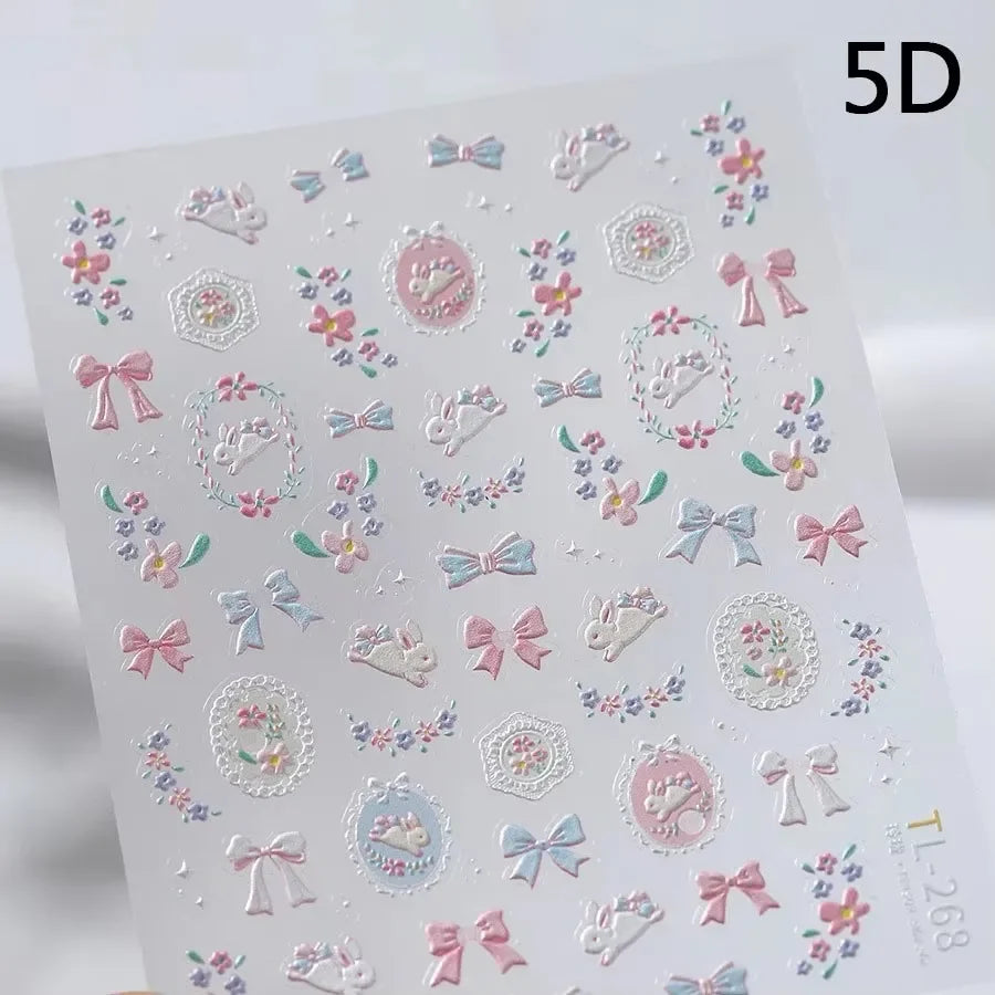 Romantic Candle Holder Lace Rambler Rose Pink Flower Bowknot Candlestick Ribbon Adhesive Nail Art Stickers Shiny Manicure Decals (ONLINE ORDER ONLY)