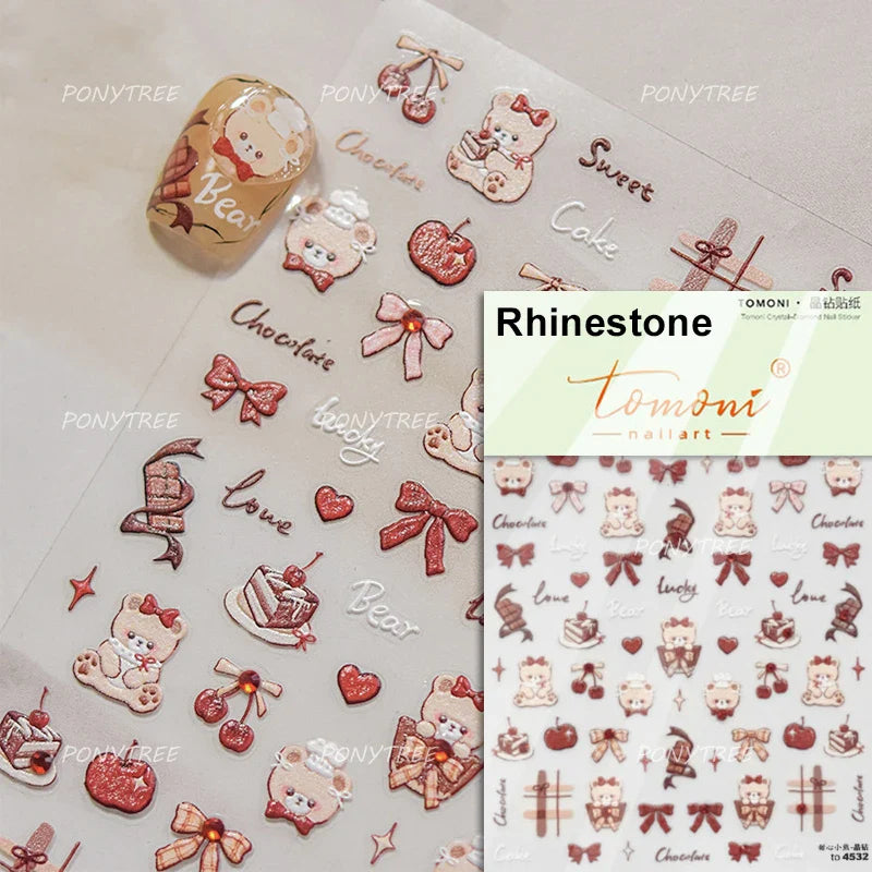 Charm Retro Bear Candy Cake Bowknot Rabbit Bunny Strawberry Footprint Muffin 3D Adhesive Nail Art Stickers Chic Manicure Decals (ONLINE ORDER ONLY)