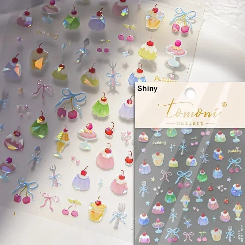 Colorful Food Pudding Alkali Water Bowknot Cream Fork Cup Bread Jelly Fruit Cartoon Cake Relief Nail Art Sticker Manicure Decals (ONLINE ORDER ONLY)