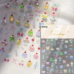 Colorful Food Pudding Alkali Water Bowknot Cream Fork Cup Bread Jelly Fruit Cartoon Cake Relief Nail Art Sticker Manicure Decals (ONLINE ORDER ONLY)