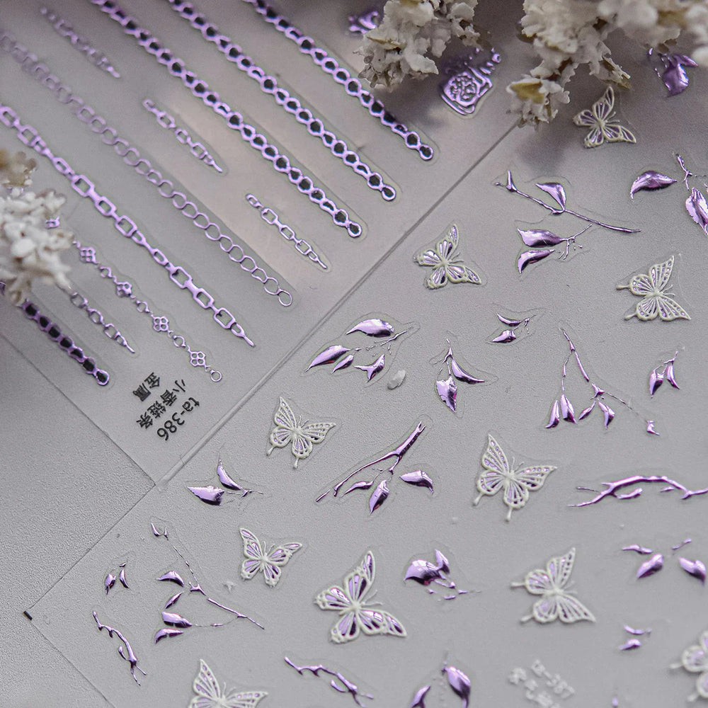 Hot Stamping Purple Line Love Heart Lace Bowknot Chain Branches Star Flower Leaf Butterfly Plant Flower Nail Art Stickers Decals (Online Order Only)