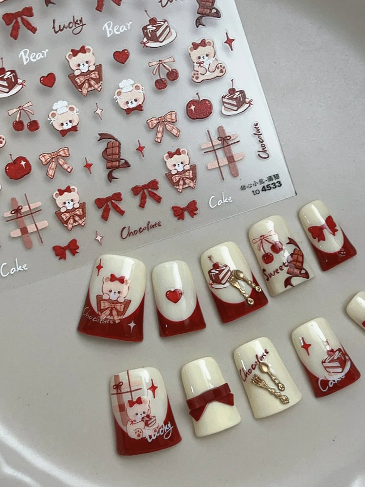 Bowknot Bear Cake Chocolates Food Star Cherry Apple Cook Love Heart Adhesive Nail Art Sticker Rhinestone Reliefs Manicure Decal (ONLINE ORDER ONLY)