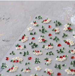 Delicate Chic White Flower Jelly Green Leaves Red Fruits Lily Gardenia Self Adhesive Nail Art Stickers Rhinestone Manicure Decal (Online Order Only)