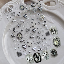 Silver Star Moon Clock Watch Cherry Love Heart Bowknot Gird Irregular Lines Dot Liquid Lava Nail Art Stickers Manicure Decals (ONLINE ORDER ONLY)