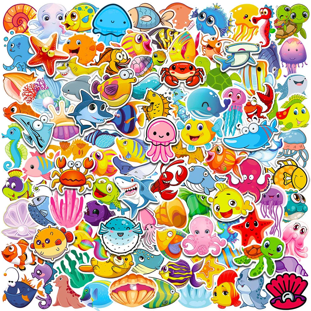 10/30/50/100pcs Cute Marine Animals Stickers Ocean World Cartoon Decals Kids Toy Scrapbook Laptop Luggage Phone Graffiti Sticker (Online Order Only)